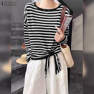 Women Casual Round Neck Loose Long Sleeve Stripe Blouse