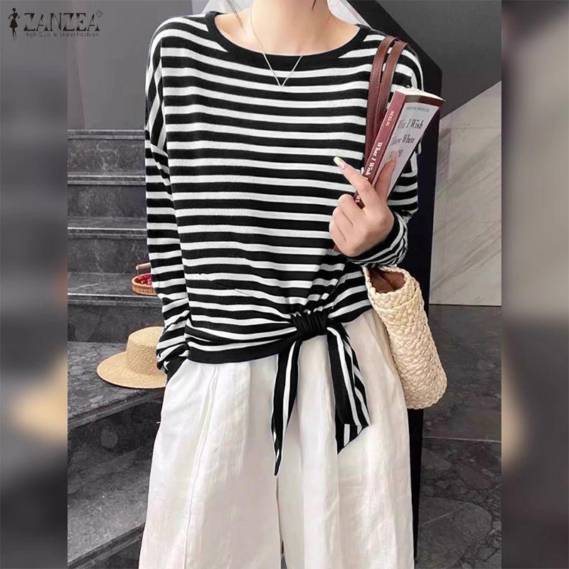 ZANZEA Women Casual Round Neck Loose Long Sleeve Stripe Blouse