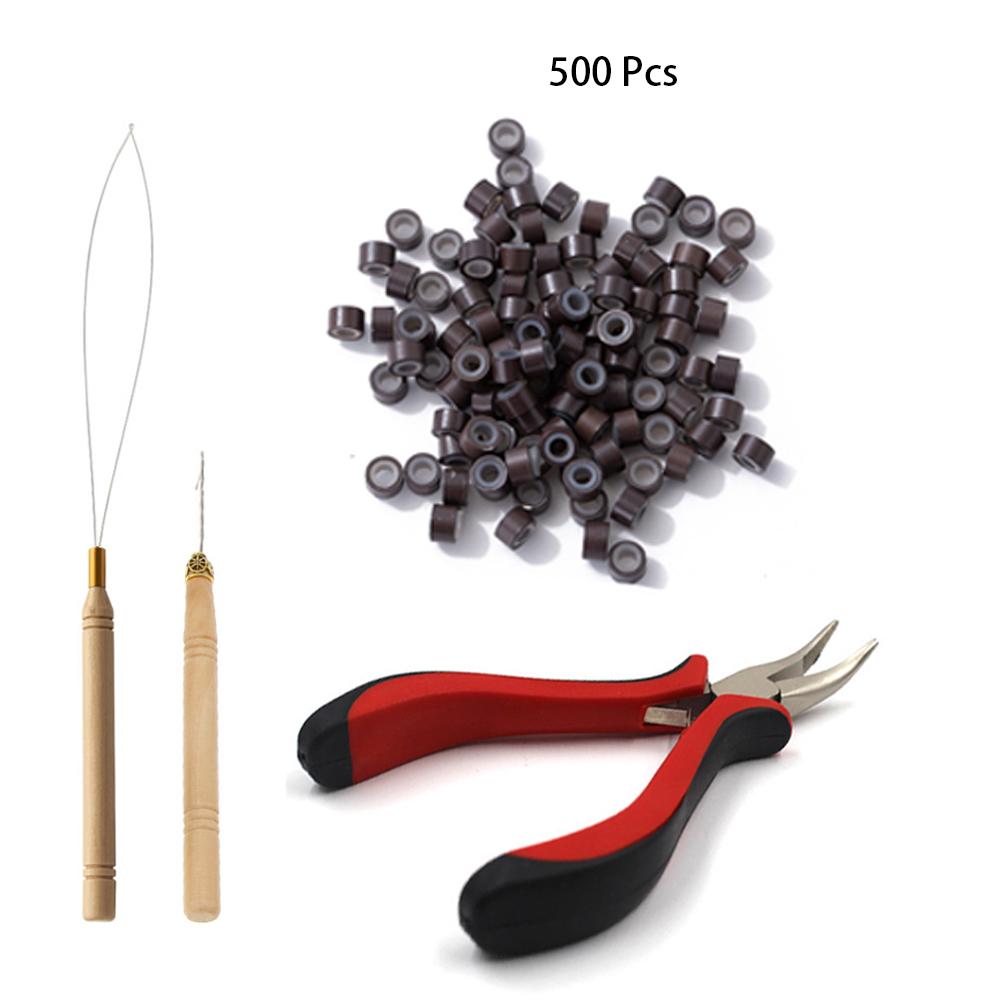 Hair Extension Kit Pliers Pulling Hook Bead Device Tool Kits and 500PCS Silicone Lined Micro Rings For baton hair extensions