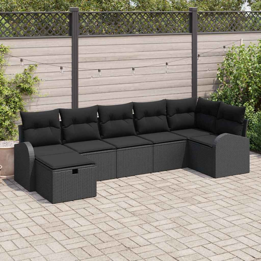 7 Piece Sofa Set with Cushions and Storage Black Poly Rattan