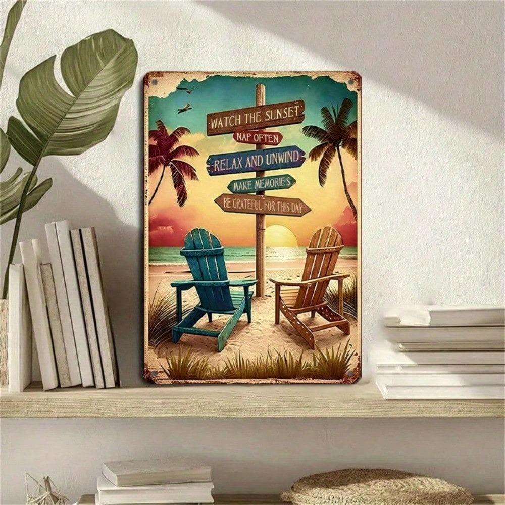 1PC Beach Sunset Tin Sign 8x12 Inch, Vintage Nautical Wall Art, Relax Ocean Breeze Metal Decor, Retro Seaside Retreat