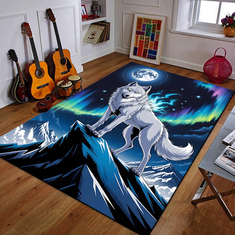 Wolf with Aurora and Full Moon Patterned Carpet a Non Slip Rug Suitable for All Seasons and Any Setting, Gift