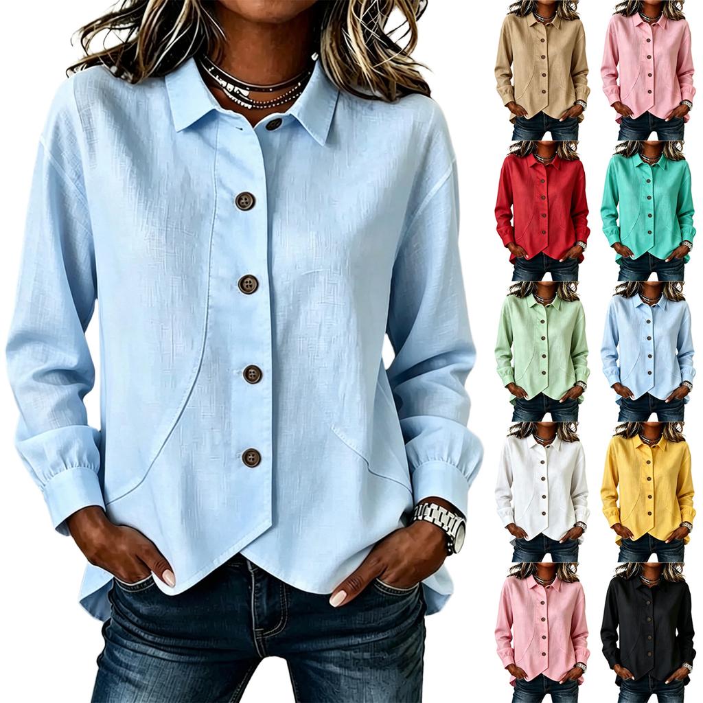 Women's Casual Long Sleeve Shirt Irregular Hem Button Down Blouse Relaxed Fit Lightweight Fabric Office Wear