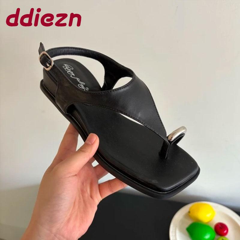 Fashion Fashion Metal Ladies Low Heel Sandals Shoes Summer Spring Female Buckle Footwear Elegant Women Heeled Sandals Shoes Flip flops
