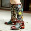 Handmade Color Printing Splice Flower Belt Buckle Comfortable Thick Heel Women Mid-calf Boots