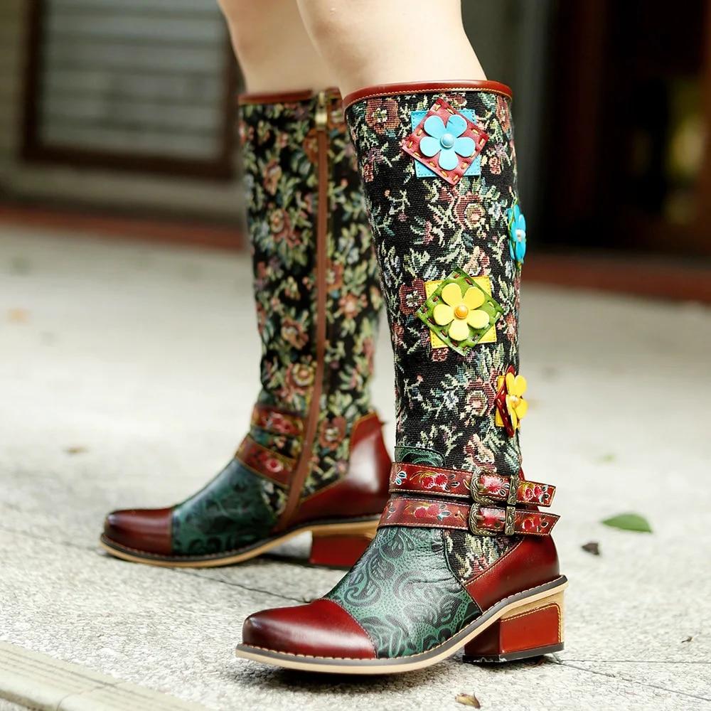 Johnature Handmade Color Printing Splice Flower Belt Buckle Comfortable Thick Heel Women Mid-calf Boots