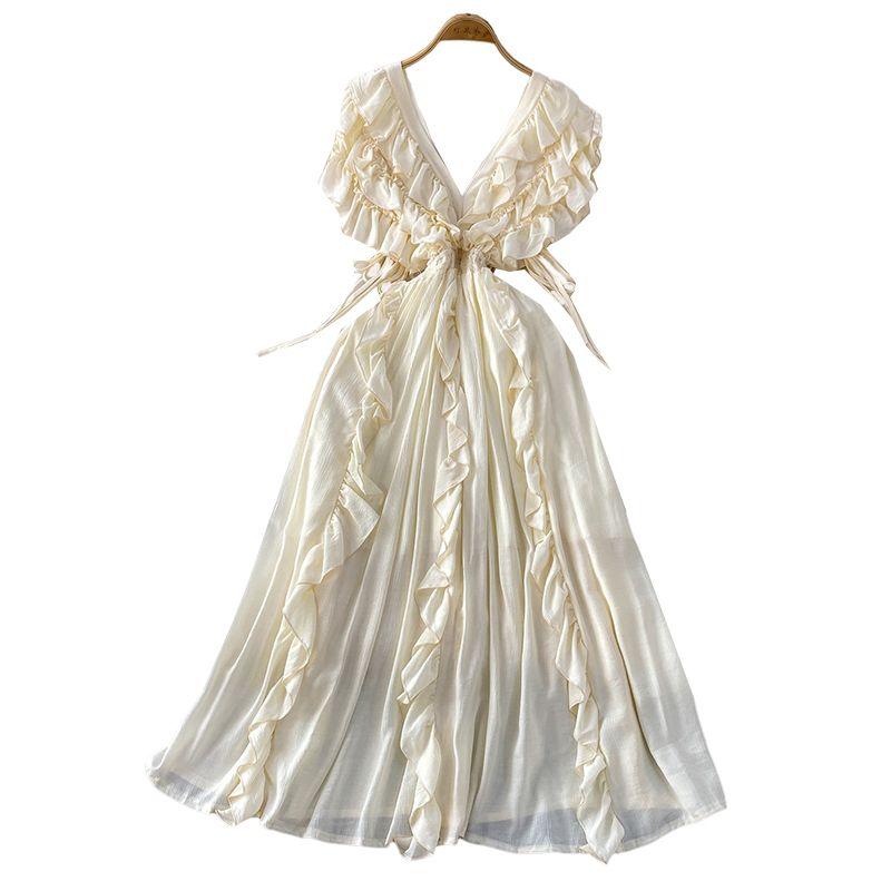 French style Temperament V-neck Short sleeve Dress Women Summer Drawstring Waist Hugging Slimming Heavy Industry Frill Princess Dress