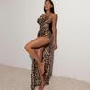 Fall Fashion New Arrival Chain Sexy Backless Slip Dress Asymmetrical High Slit Fashion Leopard Print Dress Women