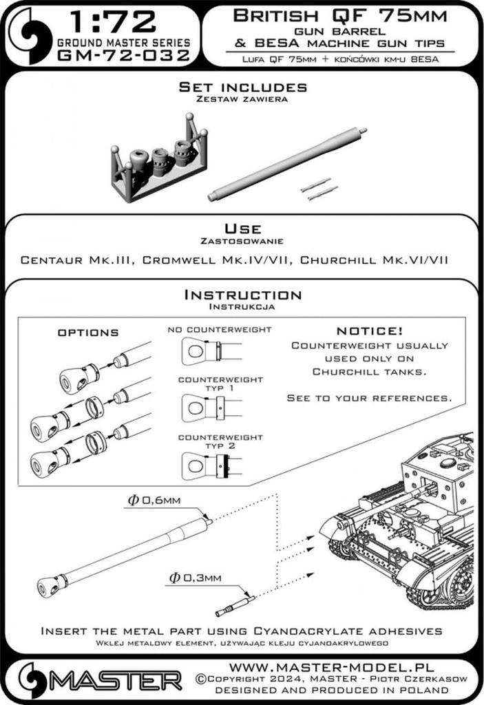 Master Model WW2 British QF 75mm Barrel Besa Machine Gun Centaur Plastic Model Parts 1/72 & (for Mk.III/Cromwell Mk.IV/VII/Churchill Mk.VI/VII)