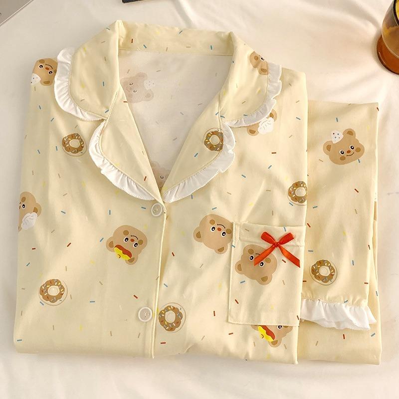 Butter Bär Print Imitationsbaumwolle Langarm Pyjama Damen Frühling und Herbst Süßer Wind Lässiges Loungewear Set