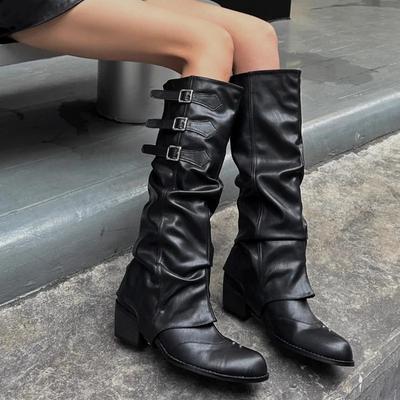 Botas Cowboy de Moda para Mujer 2024 Hebillas Botas de Montar Vintage Plisadas Zapatos de Mujer Tobillo Botas Frescas de Media Caña Zapatos de Mujer de Buena Calidad
