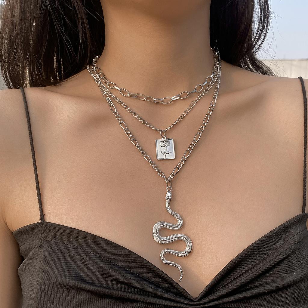 Women European Exaggerated Long Choker Oil Dripping Heart Butterfly Snake Element Jewelry Punk Hip Hop Layered Necklace