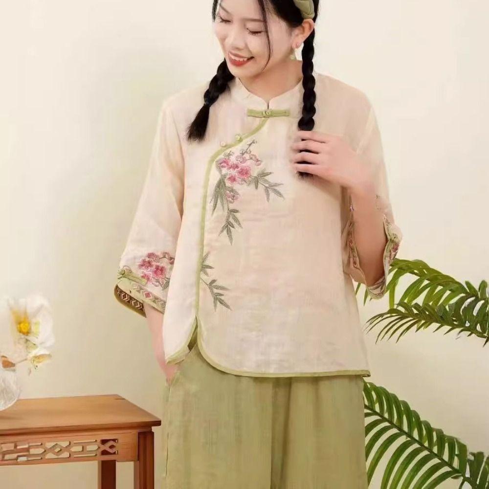 Retro Embroidered Floral Top Frog Button Ethnic Style Top Short Sleeved Shirts  Spring/Summer