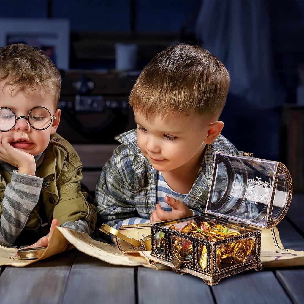 DIFEIUKI Pirate Treasure Chest Toy Box with Lock, Retro Antique Style, Pirate Treasure Box, Jewelry Box, Trinket Box, Gold Coins, Hidden Treasure,