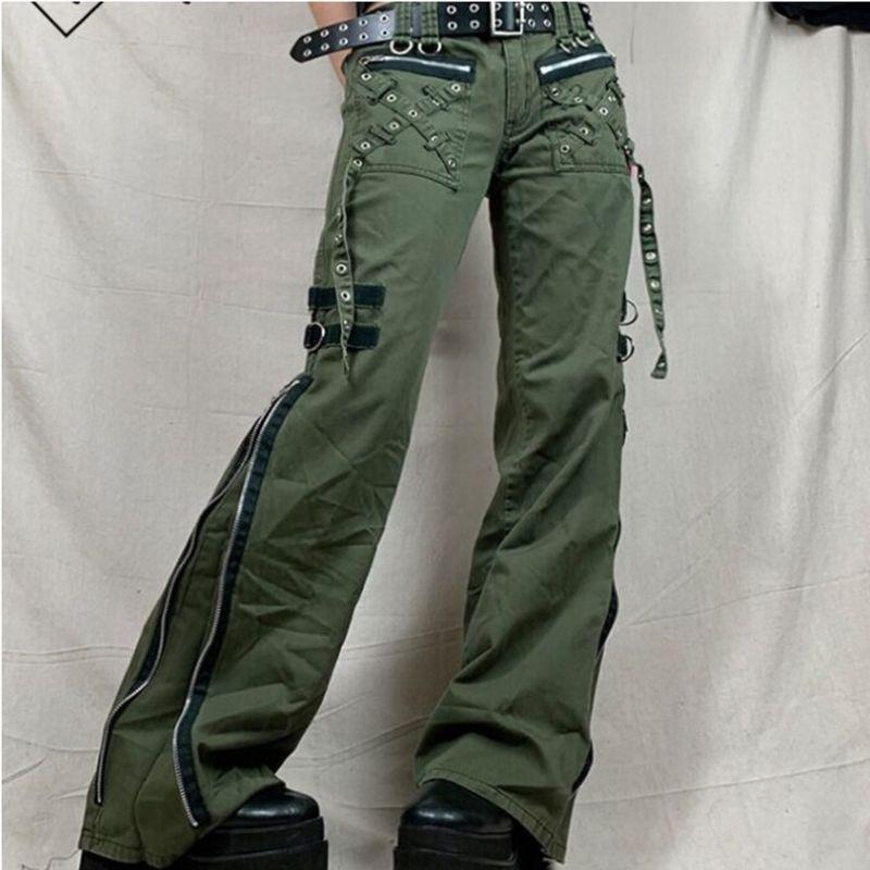

European and American Women s Clothing Casual Wide-Leg Pants with Zipper and Slit Army Green S