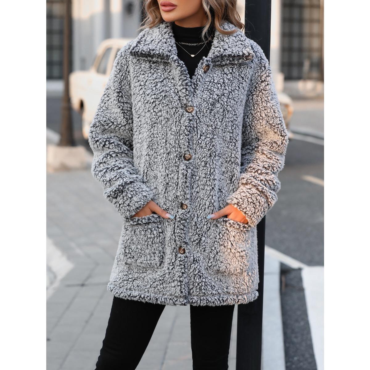 

Новинка осень-зима 2025 года, женский фланелевый кардиган-пальто свободного кроя с лацканами, однобортный, средней длины, повседневная верхняя одежда для Европы и Америки XXL чёрный