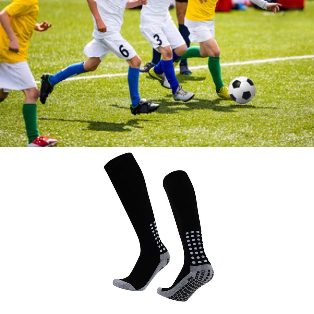 Kids Football Socks Sweat Absorbing Prevent Slip Stretchy Child Sport Stockings for Boys Girls Black 2 Pairs