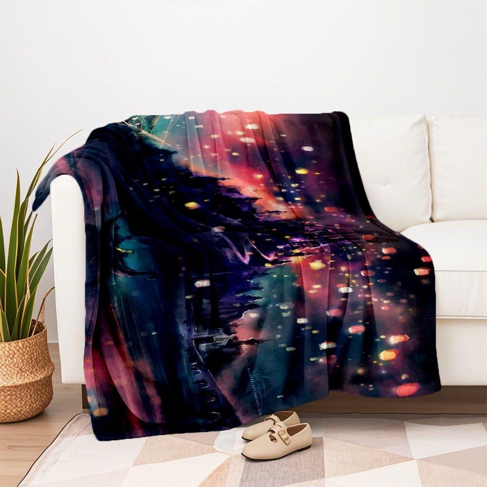 Fantasy Night Sky Lanterns iPhone WallpaperBlanket Flannel Throw Blanket for Sofa, Bed, Travel, Camping, Office, Couch, Chair