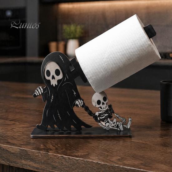 Dark Theme Table Organizer Halloween Wooden Napkin Holder, Ghost Pumpkin Skeleton Cat Bat Tissue Dispenser, Waterproof Gothic Room Decor Tabletop for