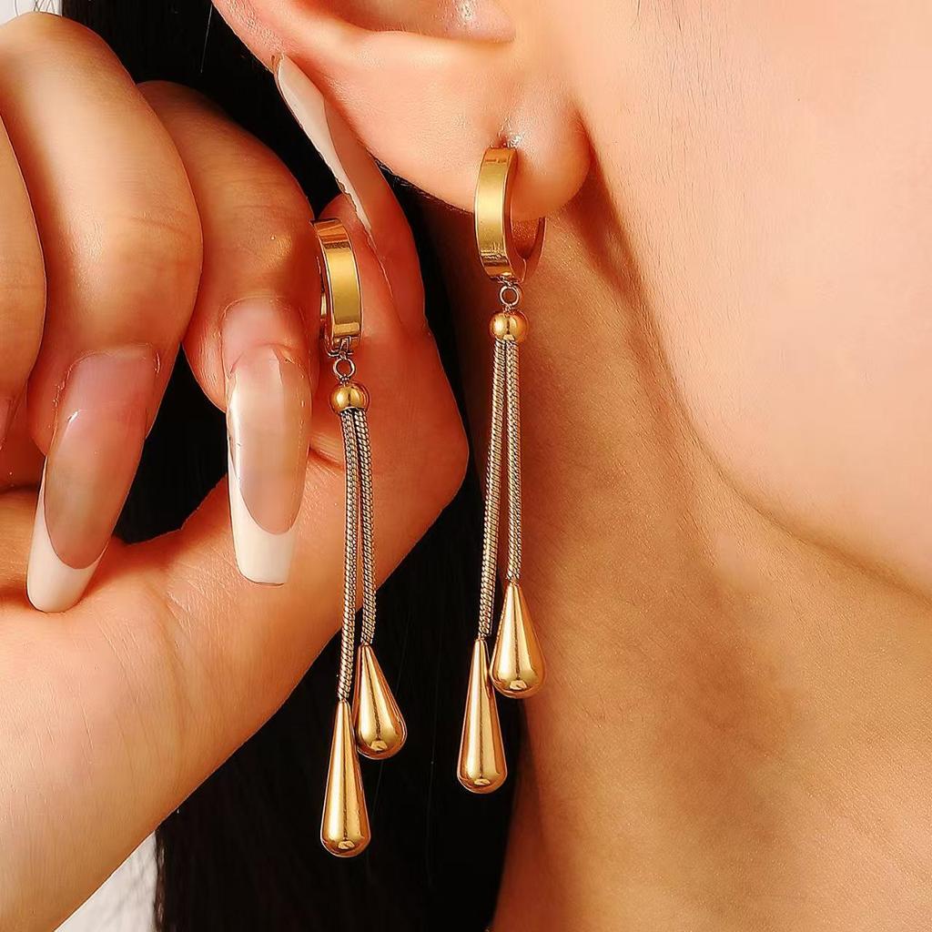 Women's Adjustable Tassel Jewelry Set: Korean Water Drop Titanium Steel Earrings & Non-Fading Clavicle Chain
