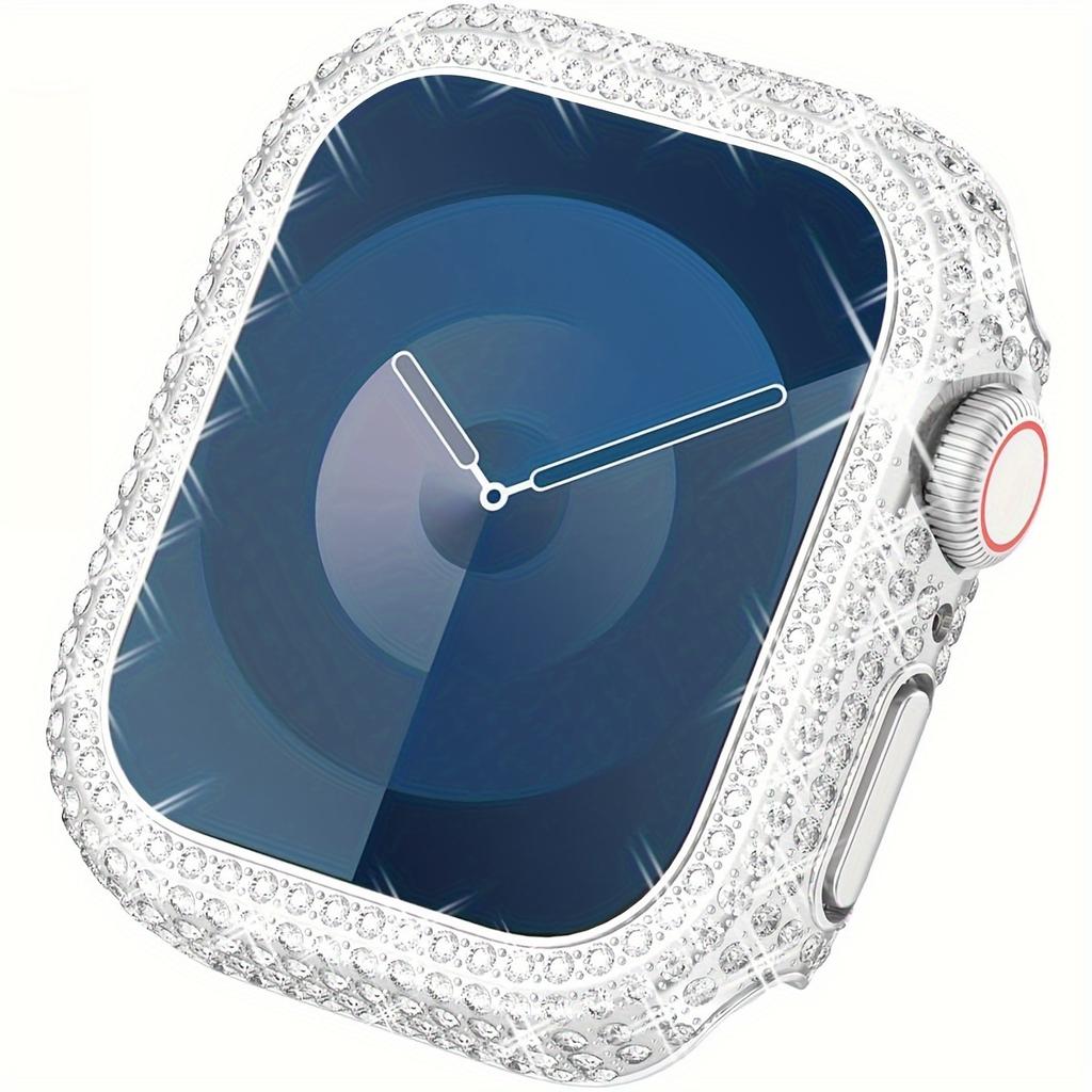 Rhinestone-Encrusted Tempered Glass PC Case for iWatch SE/9-1 Fits 38/40/41/42/44/45mm For Apple Watch Protective Cover