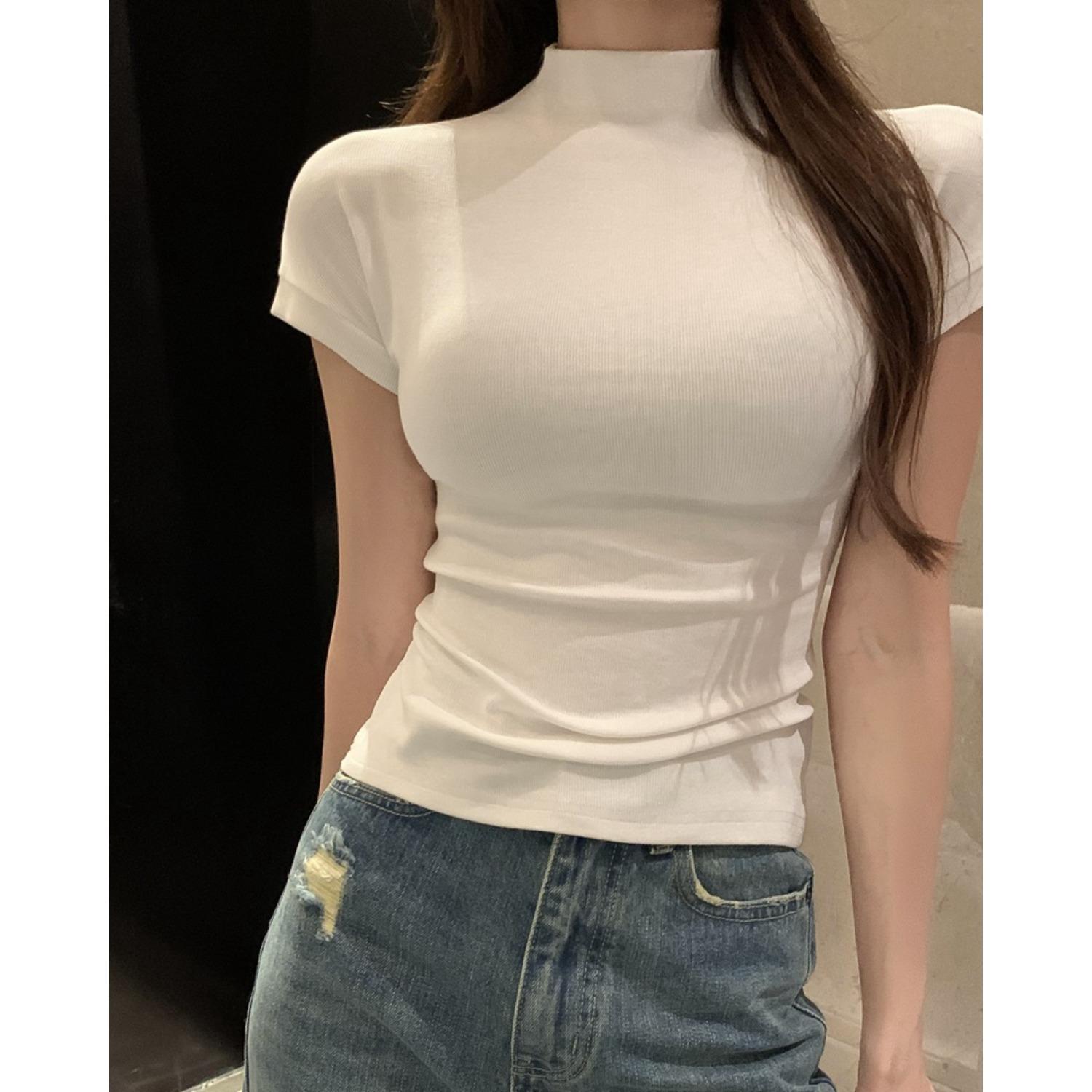 Women s Mock Neck Short Sleeve T Shirt Slim Fit Solid Color Casual Tees Top M белый