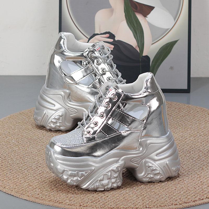 Fashion 13CM Air Mesh Synthetic Microfiber Leather Bling Vulcanize Hollow Summer Chunky Sneakers Platform Wedge Flats Women Shoes