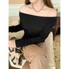 One-sided waisted pleated one-line collar long-sleeved T-shirt for women in autumn with sloping shoulders and irregular design pure lust hot girl top