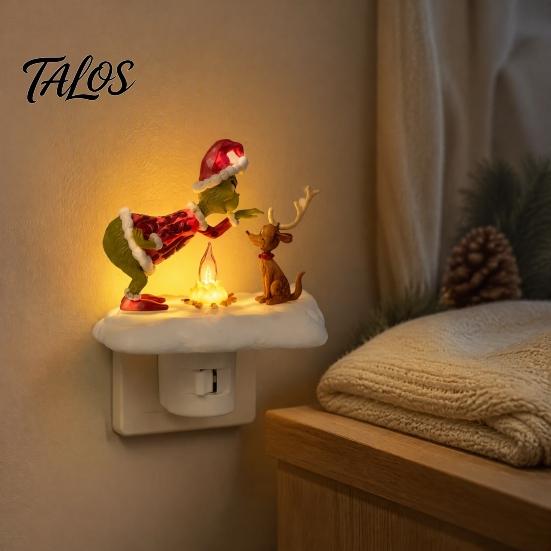 Warm Twinkling Christmas Decor Night Light, Santa Claus Grandma Bonfire Resin LED Lamp Holiday Nursery for Bedroom, Plug-in Festive Ambient