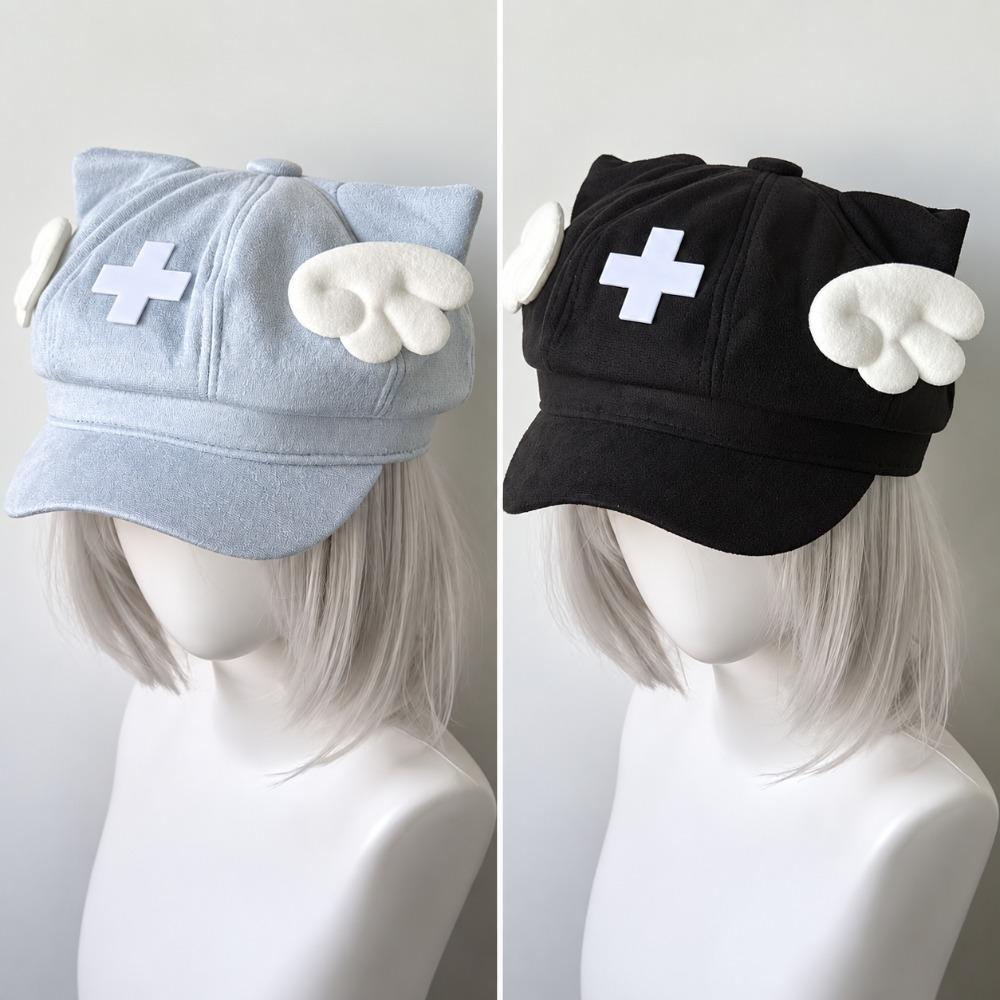 Cat Ears Beret Hat Cross Decoration Octagonal Cap Harajuku Angel Wings Hat  Lolita Fashion