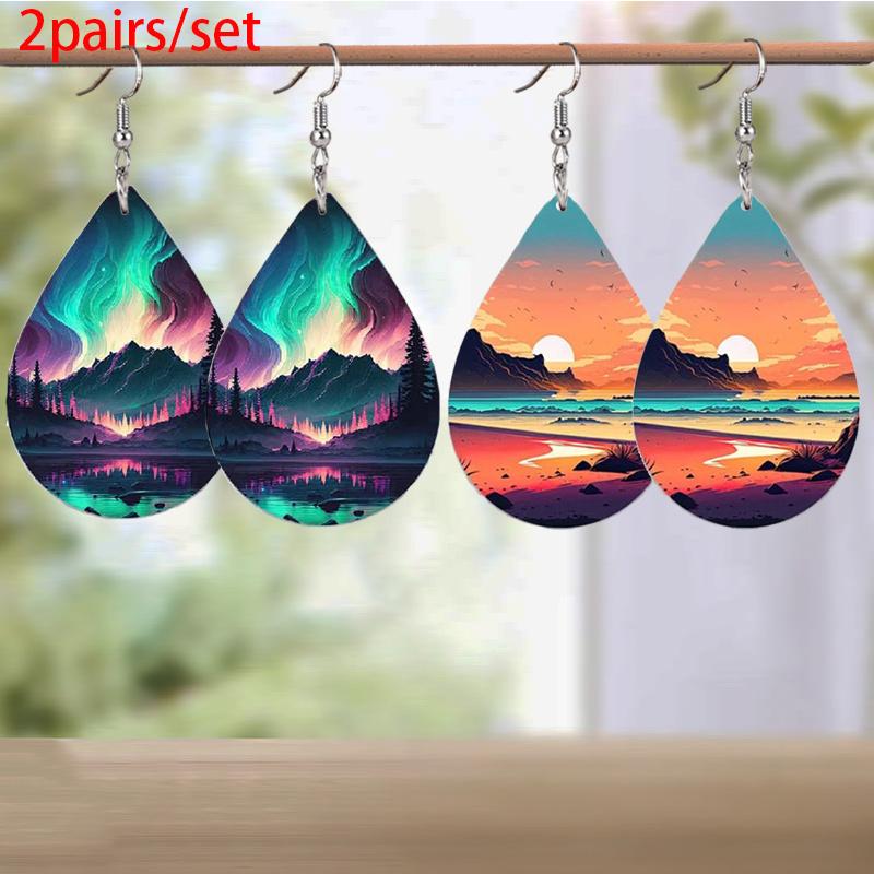 Colorful Aurora & Ocean Sunrise Pattern PU Faux Leather Earrings Women's Fashion Water Drop Dangle Earrings