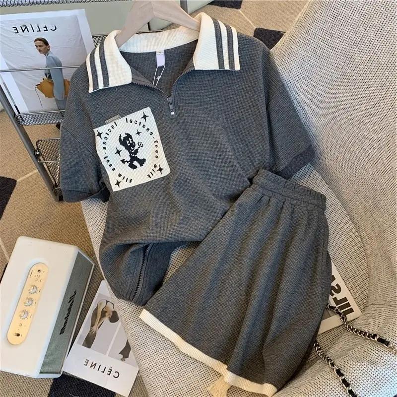 Summer Women's Suit Design Sensibility Niche Loose-Fit Versatile Zipper Lapel Short Sleeves Walf Checks Shorts 2-Piece Set