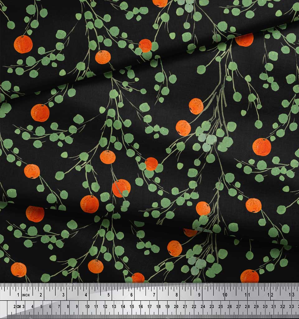 Soimoi Black Japan Crepe Satin Fabric Leaves & Orange Fruits Print Fabric by Metre 42 Inch