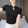 Women's Black Short Sleeve Cheongsam-Style Top with Modern Design