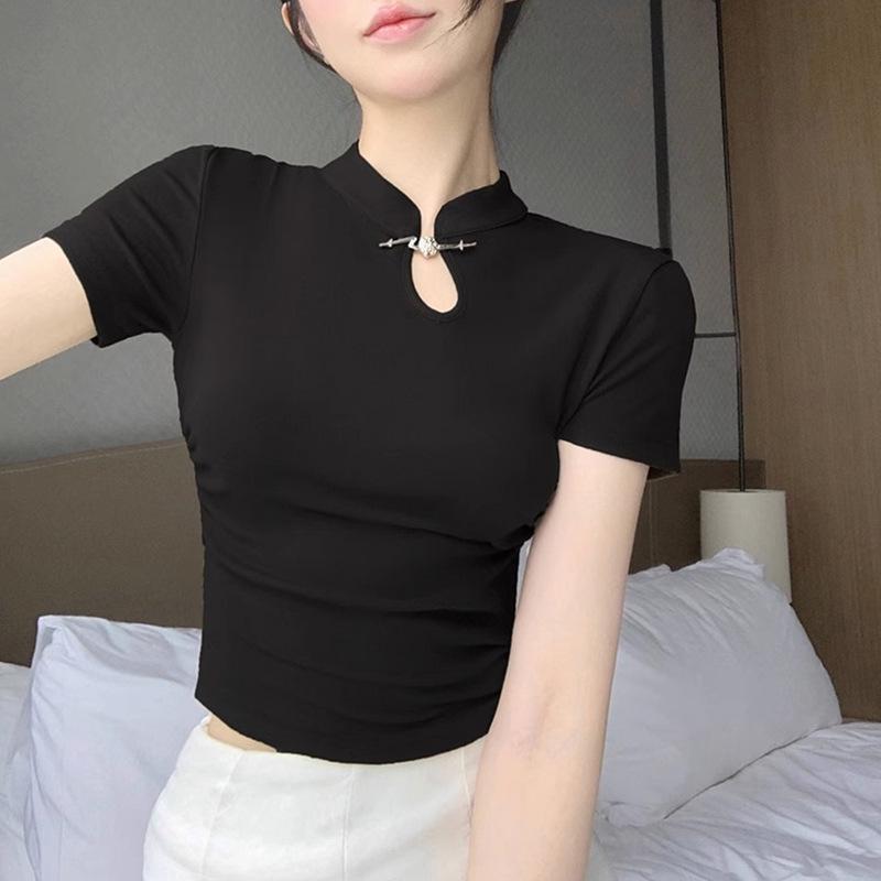 Women's Black Short Sleeve Cheongsam-Style Top with Modern Design