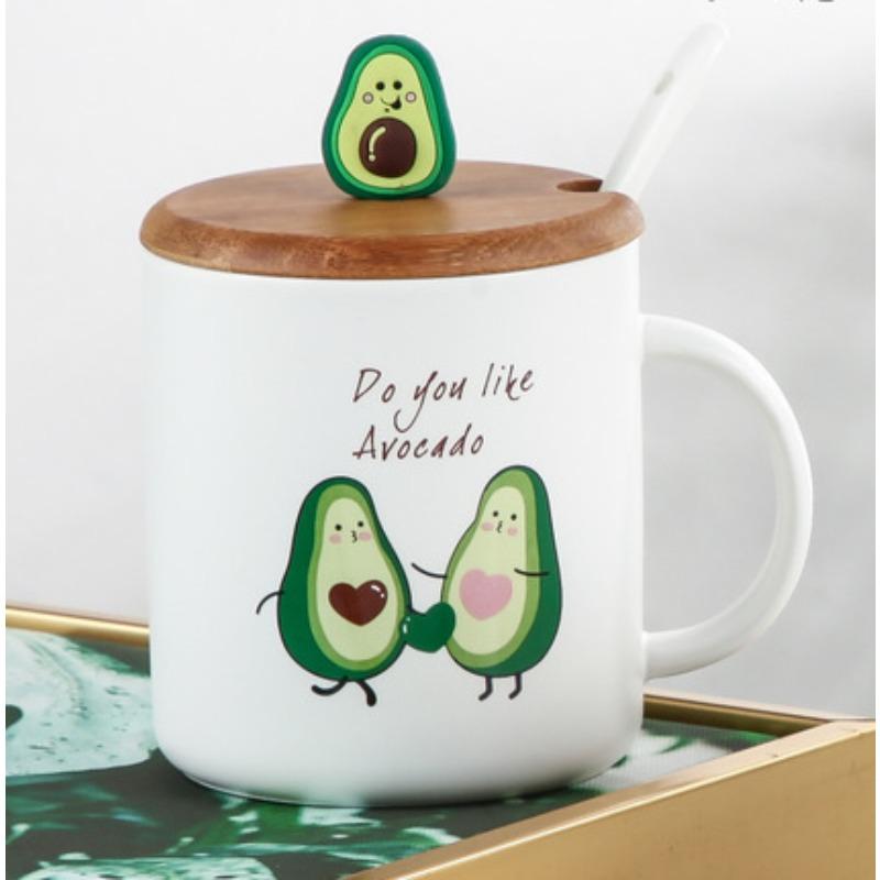 

Creative Avocado Ceramic Cup Mug with Covered Spoon Breakfast Cup Student Ins Style Drinking Water Household Gift Water Cup 400ml