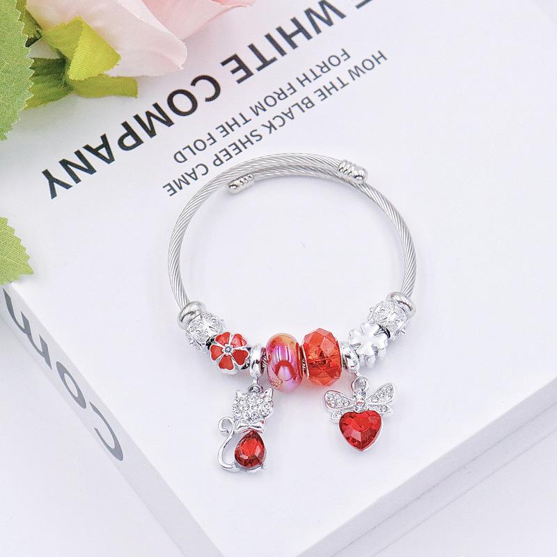 Элегантный Женский Браслет-Браслет из Кристальных Бусин с Бантом и Подвеской-Лисой с Алмазами, Нержавеющая Сталь красный