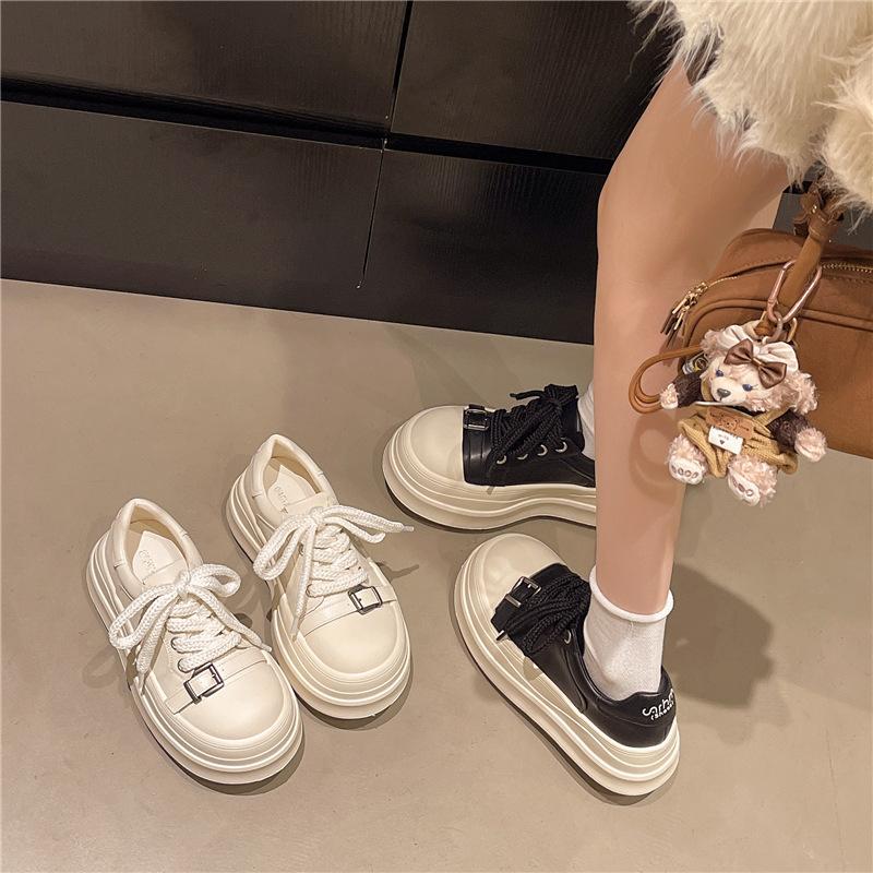 2025 Metal Buckle Leather Big Head Lace-up Thick-soled Muffin Bread Shoes Casual Board Shoes Small German Training Women's Shoes