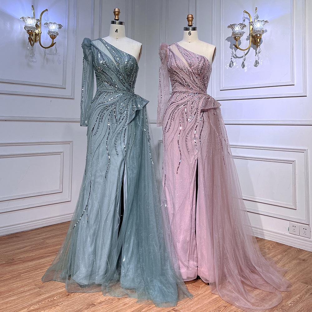 Aqua green single shoulder long sleeve split harpoon tail long dress light luxury temperament celebrity banquet host dress LA11011