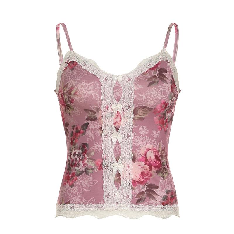 

Женский летний топ-жилет с цветочным принтом, кружевом и бантом, контрастной талией и V-образным вырезом S розовый