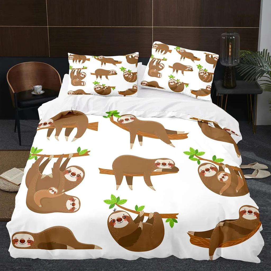 Cartoon Sloth Duvet Cover King Queen Funny Animal Bedding Set for Cool Wildlife Polyester Quilt Cover Boys Birthday