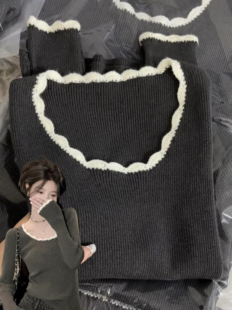 Square collar leaking collarbone knitted sweater women's spring contrasting color lace slim inside bottoming top sweet and spicy sweater