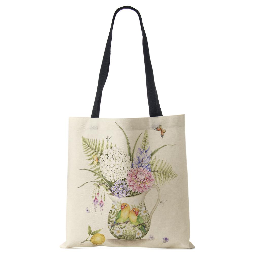 Plant Flowers Shopping Tote Bag Women Canvas Print Shoulder Bag Reusable Harajuku Large Capacity Travel School Handbag CLE