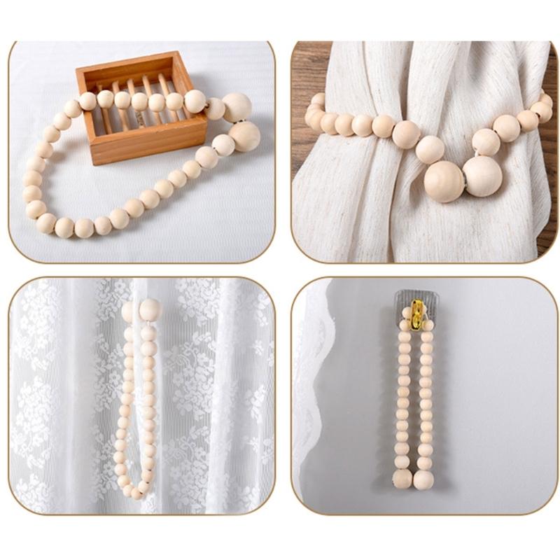 Magnetic Curtain Holdback, Wooden Beaded Drapes Tieback for Neat Window Styling in Bedroom, Study, or Living Room