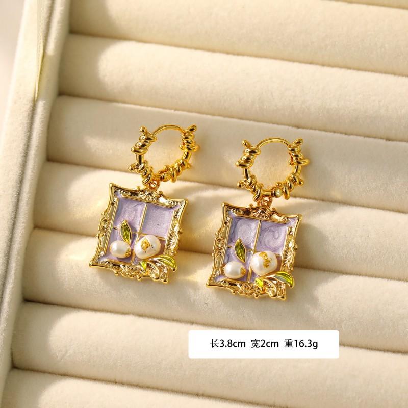 Handmade Baroque Pearl Earrings With Impressionist Garden Design Post Copper Base Matte Gold Green Finish