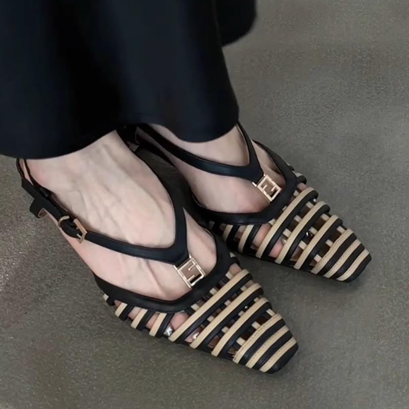 Fashion Fashion Weaving Hollow High-heeled Sandals Women Mixed Color Ankle Strap Buckle Roman Sandals Elegant Kitten Heel High Heels