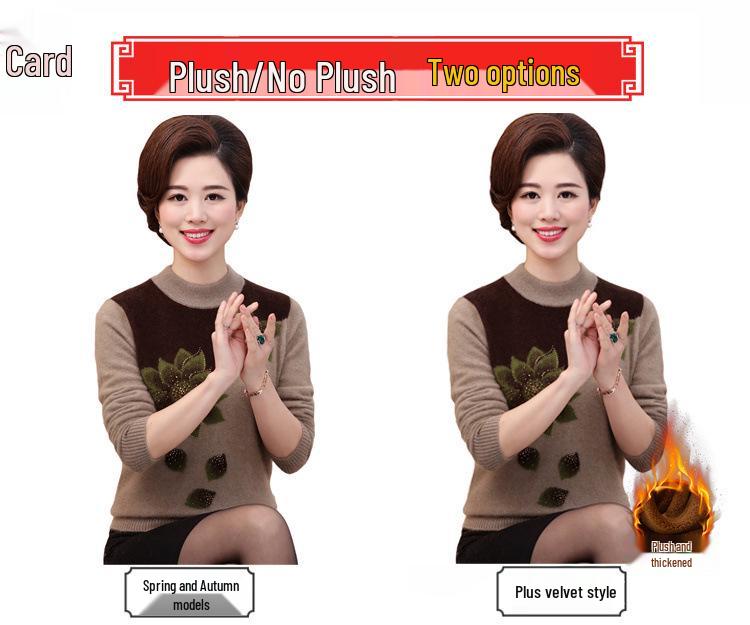 Plus Size Knitted Sweater for Women: Thickened Velvet Autumn and Winter Coat for Middle-Aged & Elderly