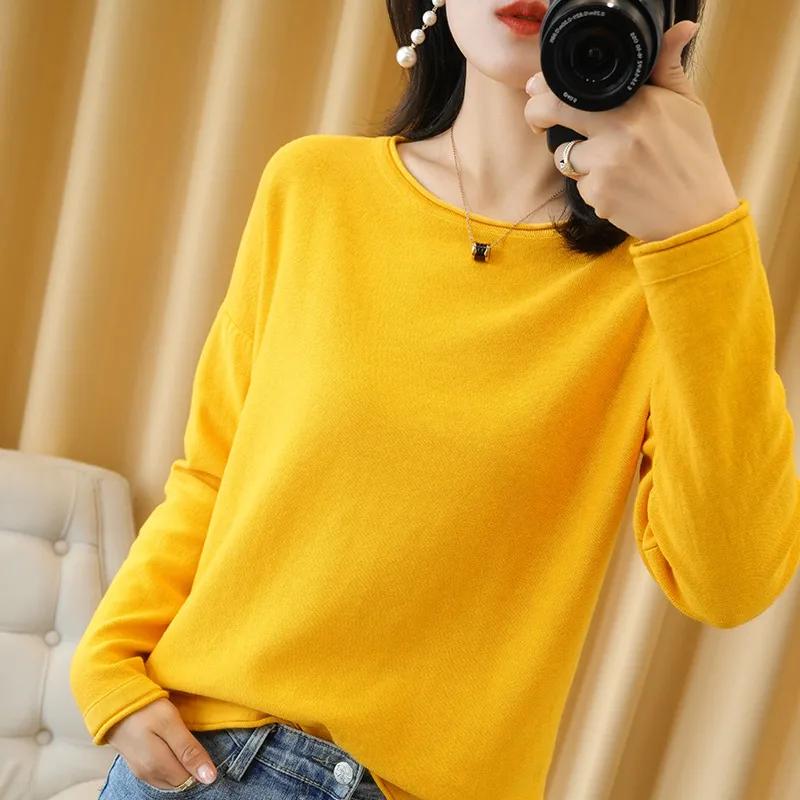 Women's Knit Base Layer Thin Long-Sleeve T-Shirt Loose-Fit Korean-Style Pullover Top