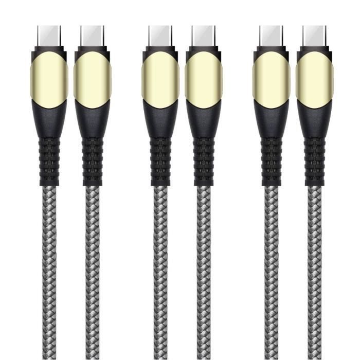 Lot-3 Câble USB-C vers USB-C 60W Rapide pour iPhone 16 Pro Max - iPhone 16 Pro - iPhone 16 - iPhone 16e - Nylon Robuste 1M Gris