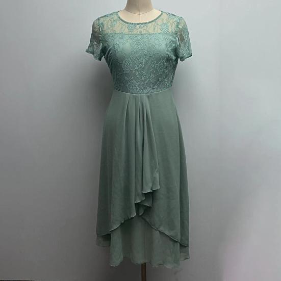 O-Neck Short Sleeve Waist Tight High-waisted Evening Dress Elegant Embroidery Lace Floral